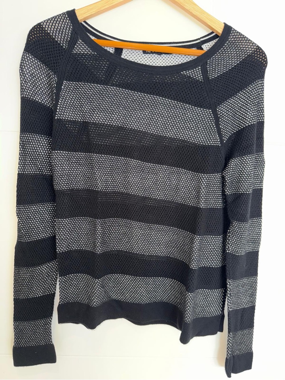 rag & bone Black and Gray Striped Open-Knit Crew Sweater